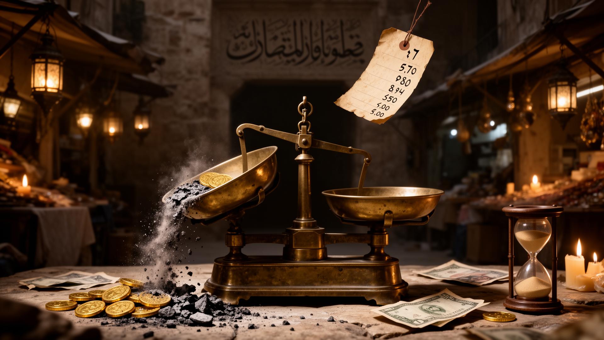 Antique tampered weighing scale in a candlelit marketplace, coins turning to dust